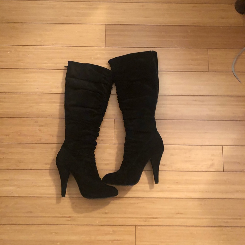 Black Suede Ruched Knee Boot